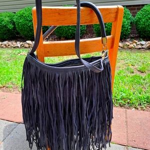 Black Fringe H&M Crossbody Purse with Shorter Handle to Carry on Arm.
